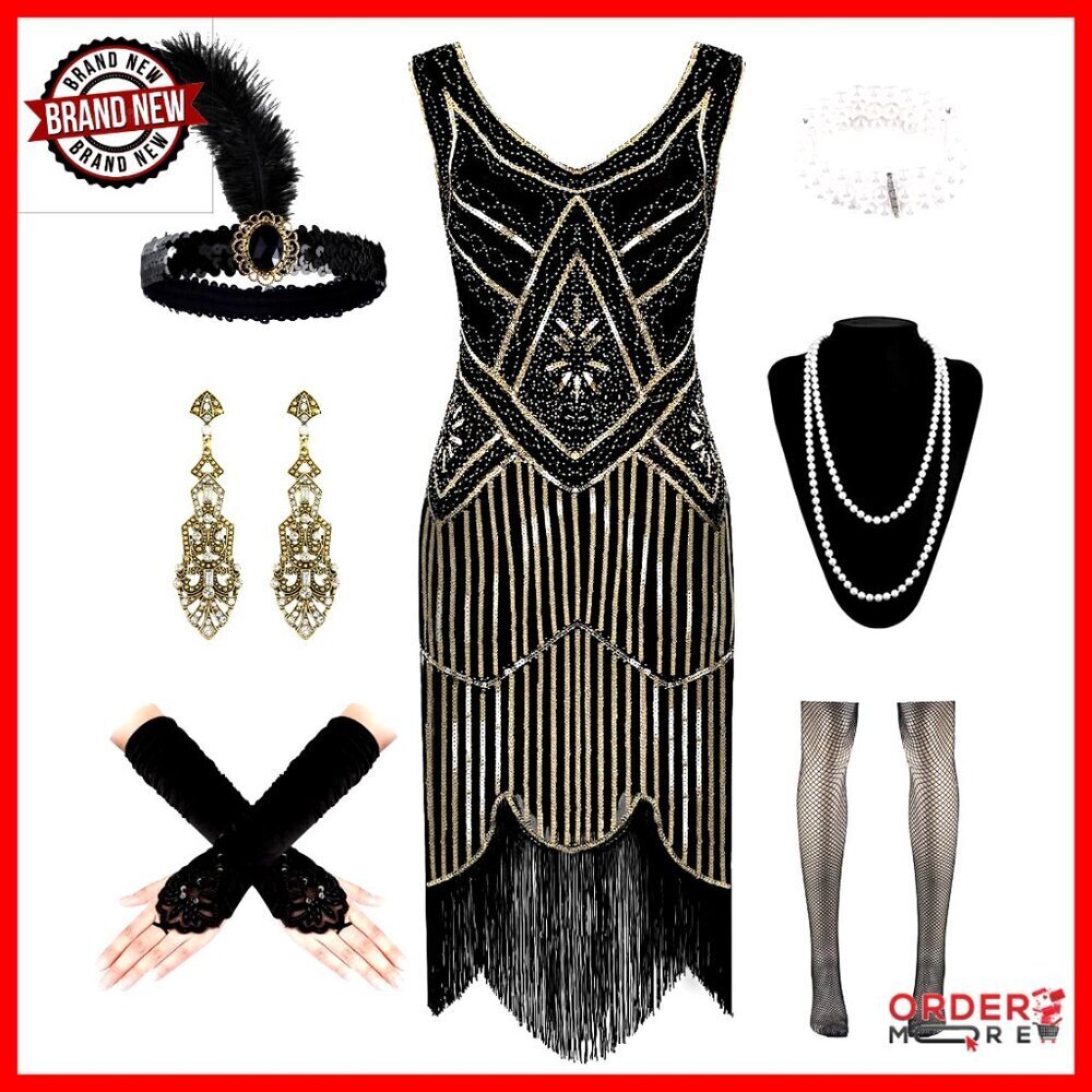 Vintage 1920s Flapper Dress Sequin Bead Fringe V Neck Backless Cocktail